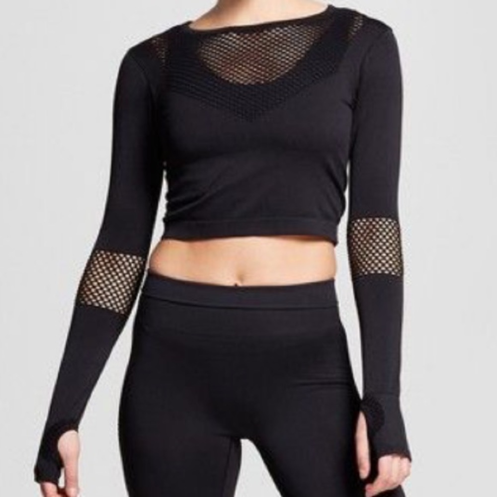Black mesh cut out long sleeve workout crop top